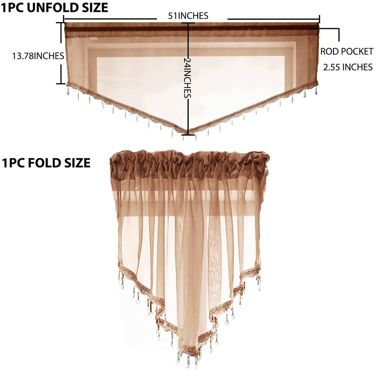Brown beaded sheer valance curtain shown with folded and unfolded size layout