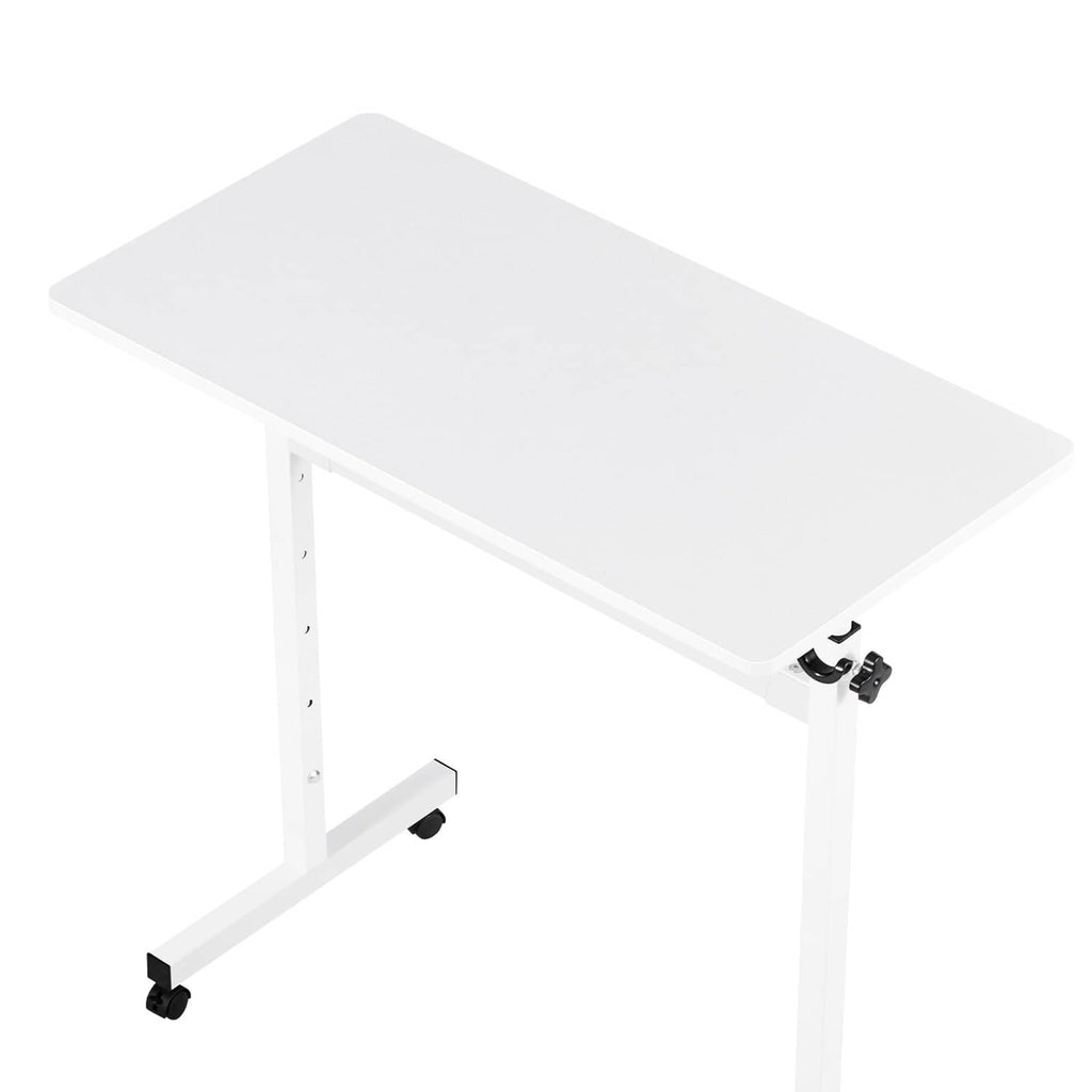 White standing desk with rectangular top and height-adjust lever on wheeled base