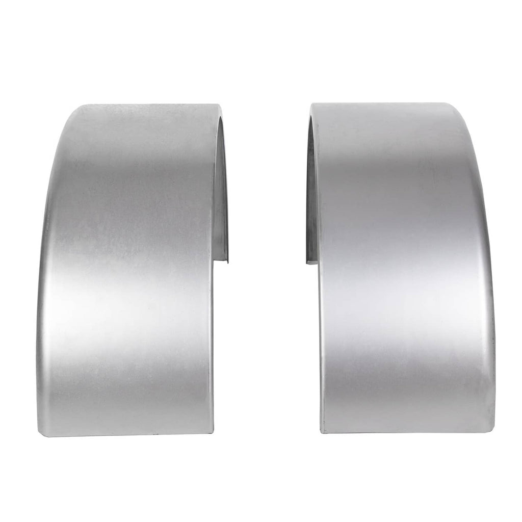 Steel round trailer fender halves with back plate tabs, silver galvanized finish