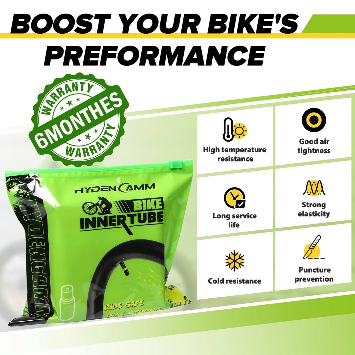 Bike inner tube pack with warranty and performance icons on green bag