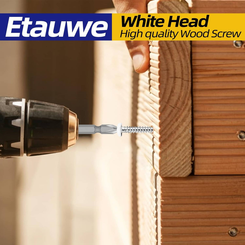 Wood screw being driven with a power drill; silver threads and white pan head visible.