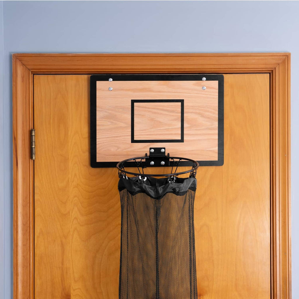 Wood backboard basketball hoop laundry hamper mounted on a door with mesh bag