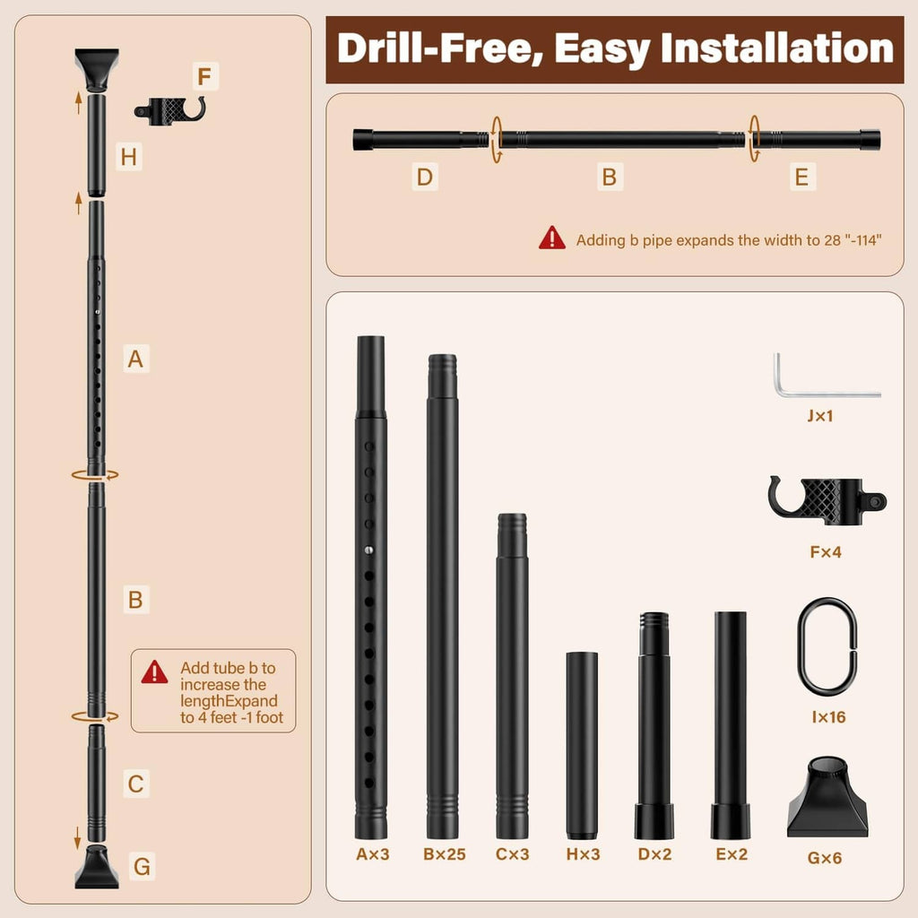 Drill-free black curtain rod installation parts with expansion and fasteners