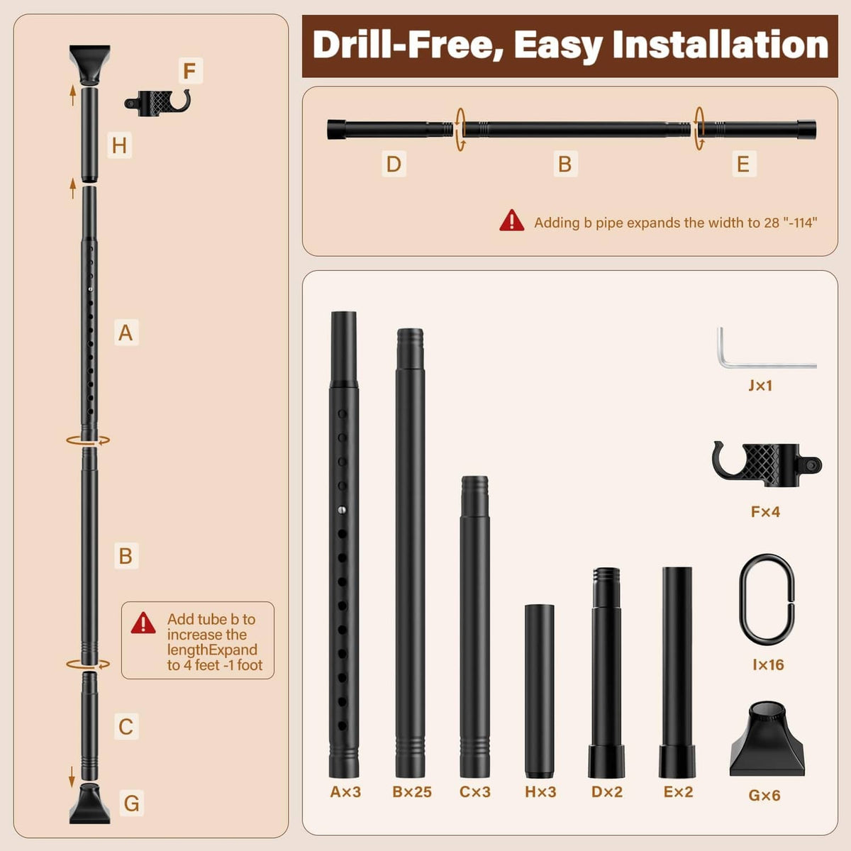 Drill-free black curtain rod installation parts with expansion and fasteners
