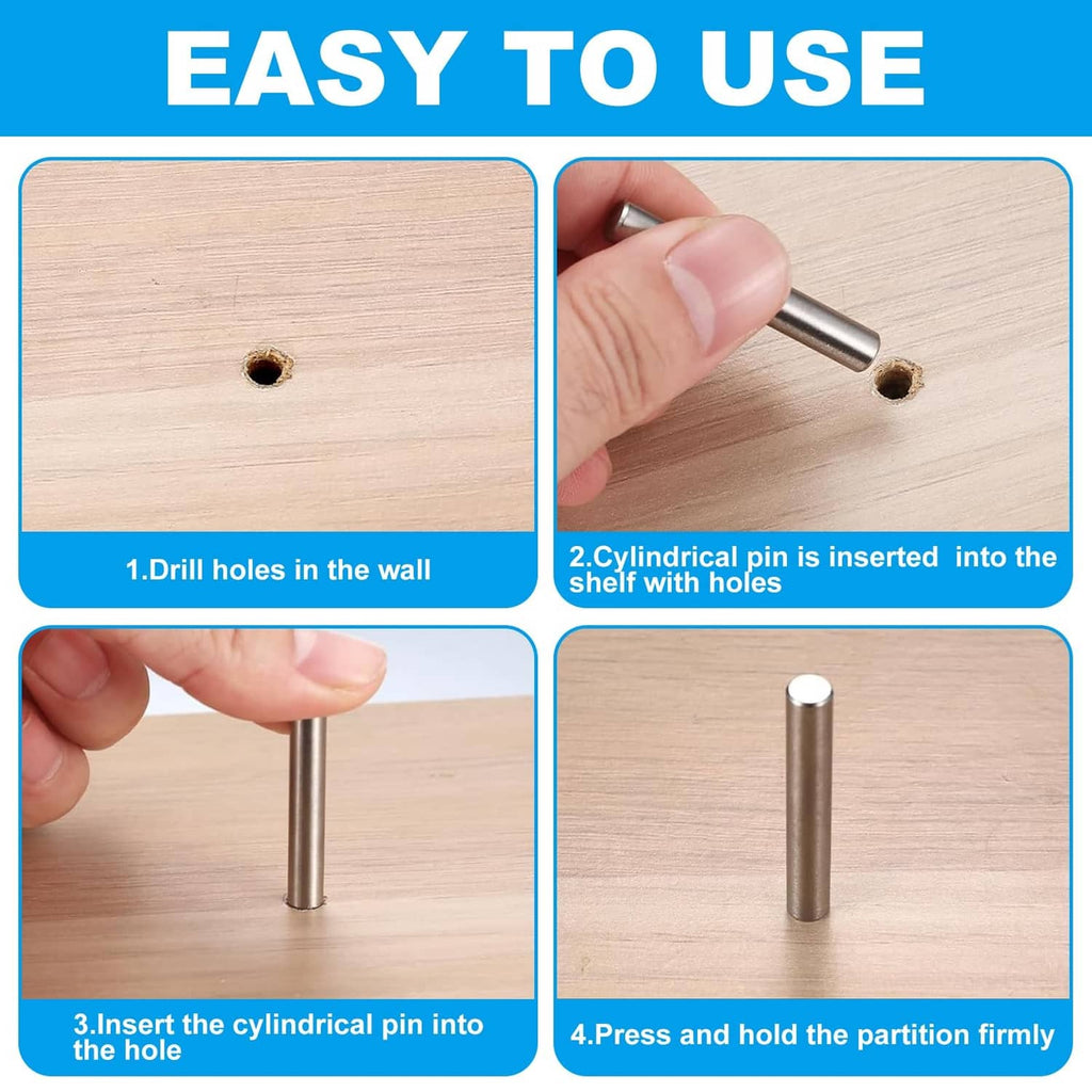 304 stainless steel dowel pin being inserted into a drilled hole for shelf installation