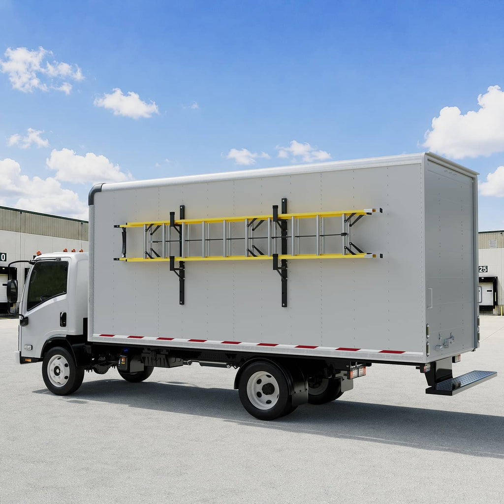 Enclosed trailer side ladder rack with yellow rails and black mounting posts