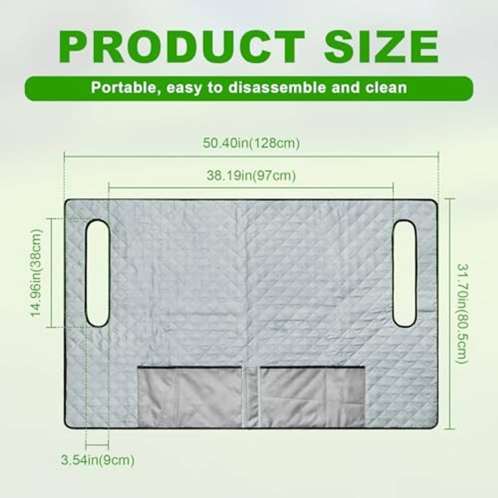 Light gray quilted golf cart seat cover size diagram with handle cutouts