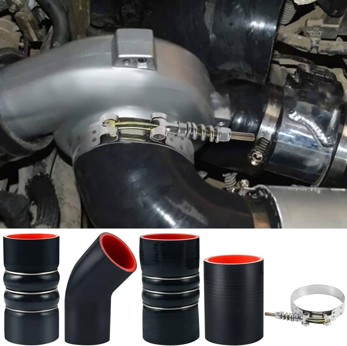 Black silicone intercooler hoses with red lining and silver clamps installed on engine.