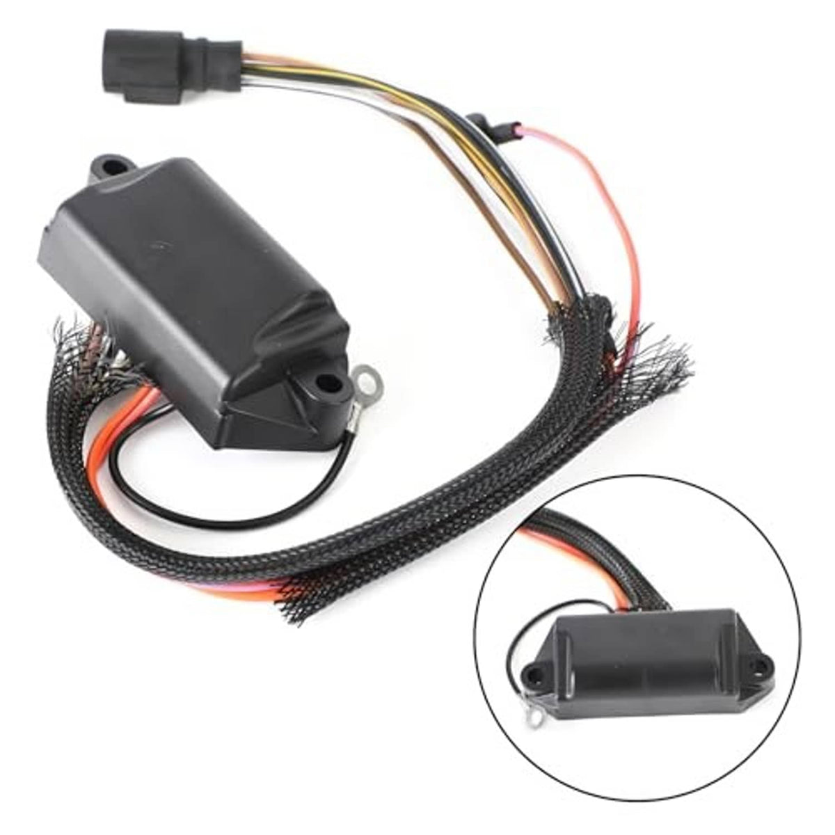 CDI switch box assembly with black module and wiring harness, inset close-up of mounting holes