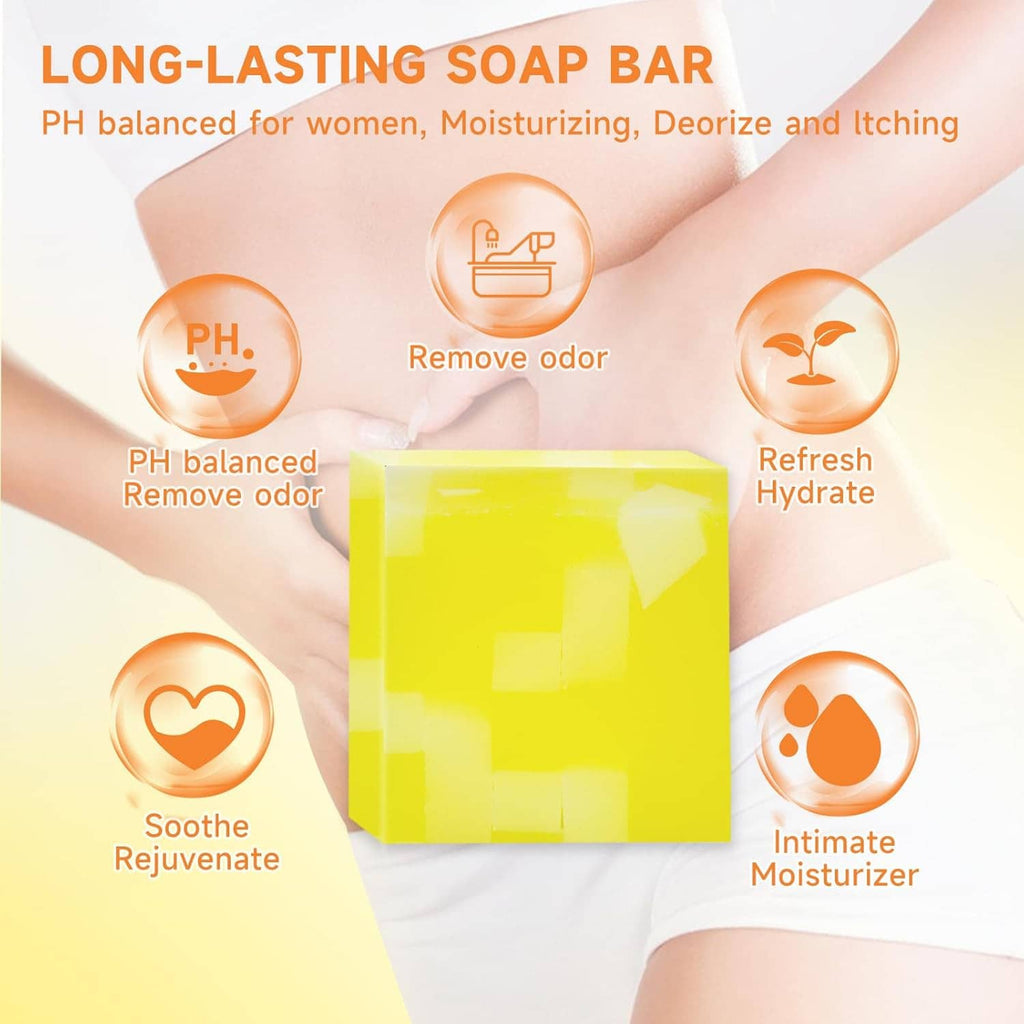 Yellow yoni soap bar with PH-balanced care icons: remove odor, hydrate, moisturize