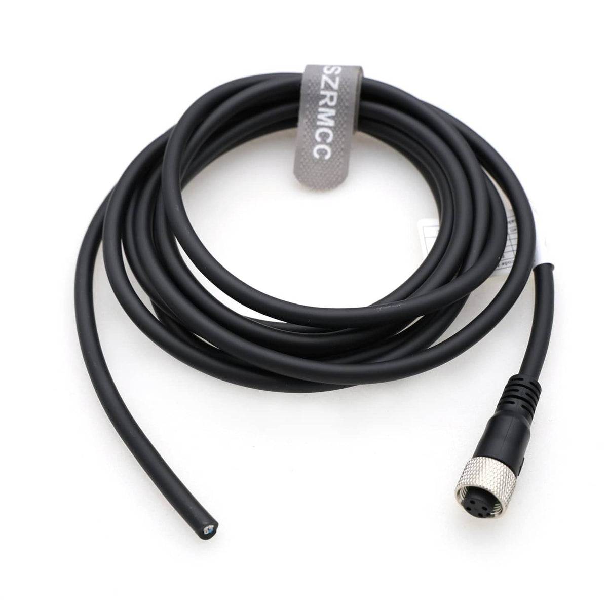 M12 A-code 4-pin sensor actuator cable with SZRMCC-branded tag and female plug