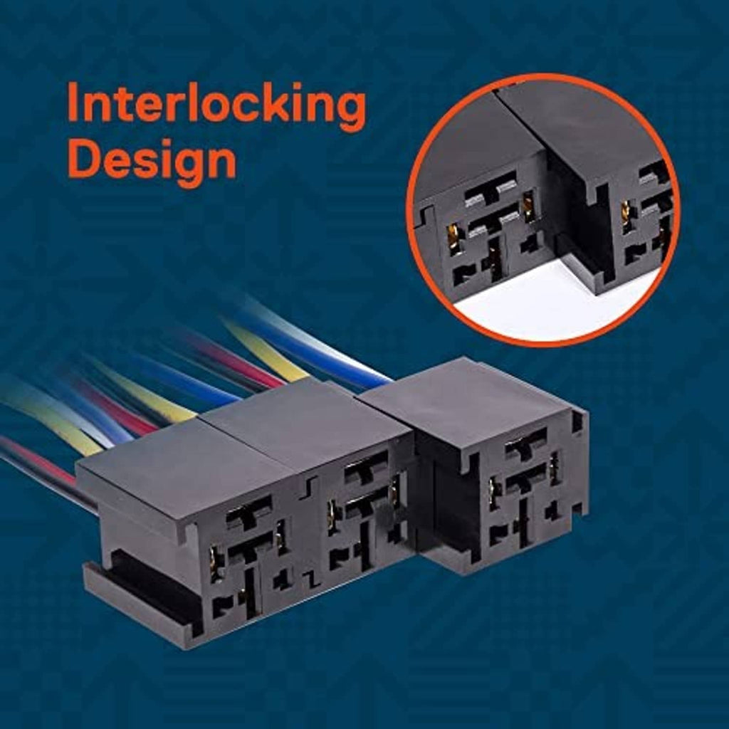 Interlocking Bosch-style relay sockets with multi-pin connector housings