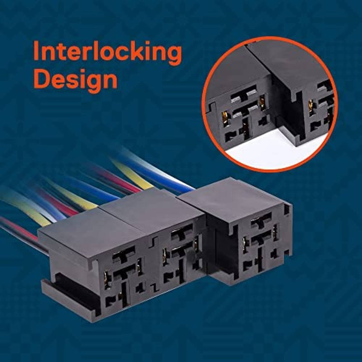 Interlocking Bosch-style relay sockets with multi-pin connector housings