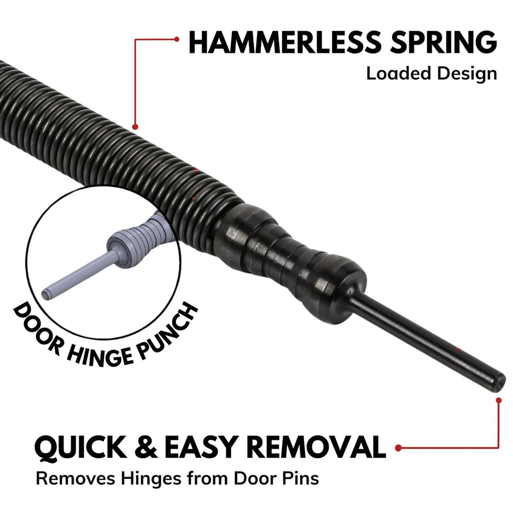 Spring-loaded door hinge punch tool with black spiral shaft and steel pin tip