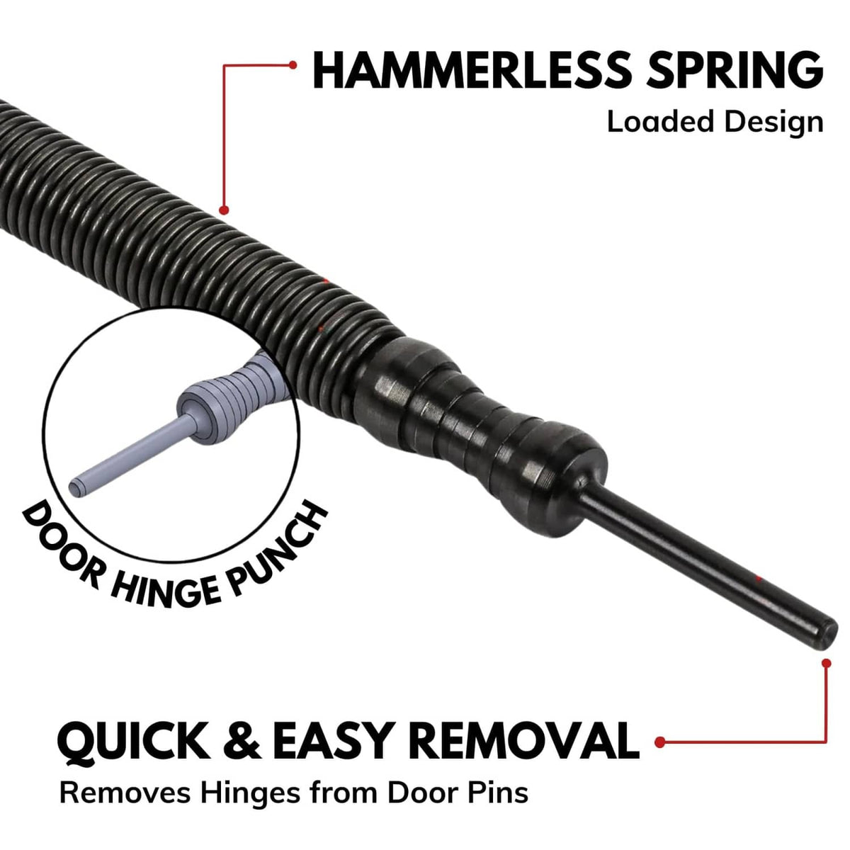 Spring-loaded door hinge punch tool with black spiral shaft and steel pin tip