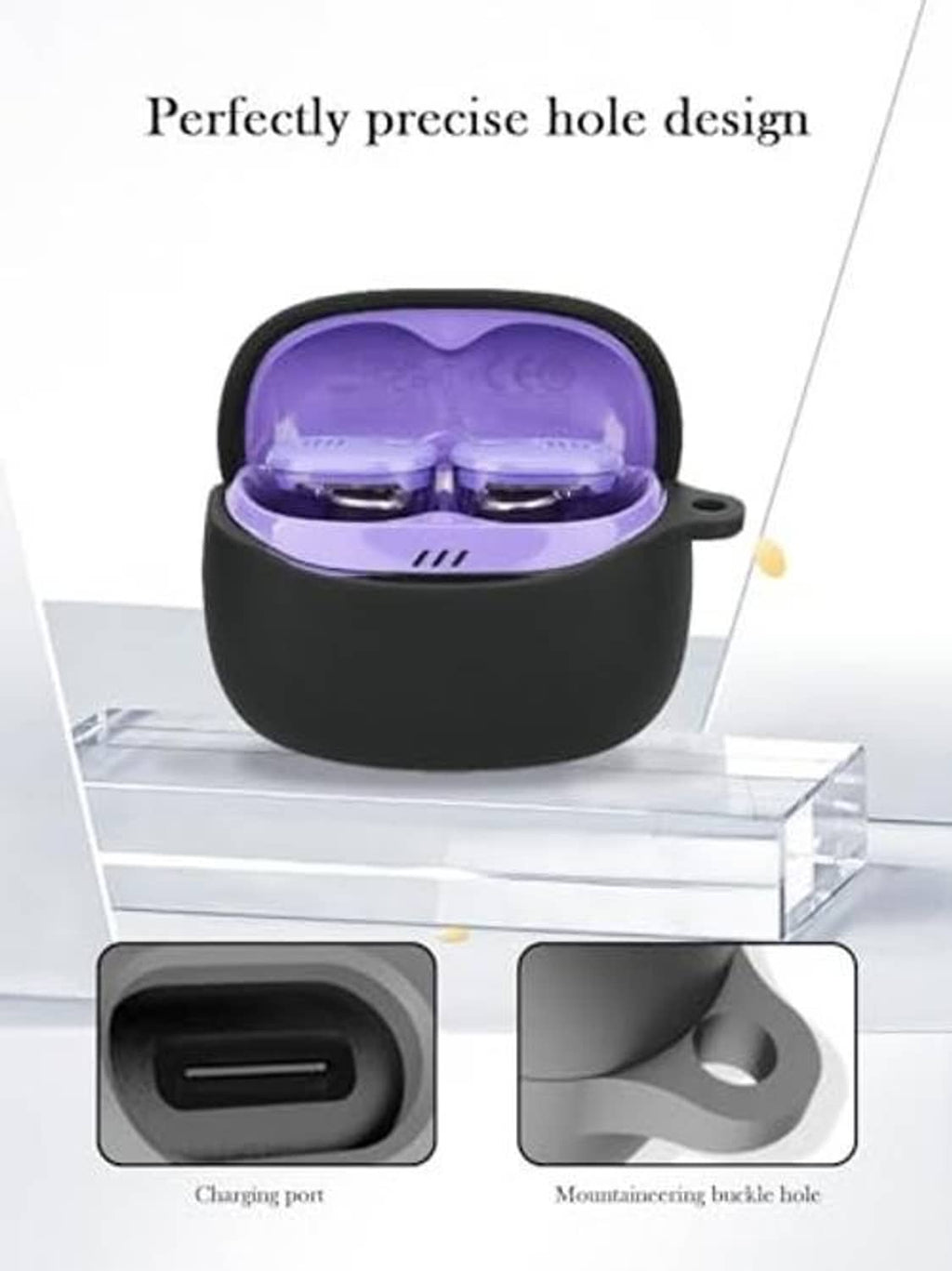 Black earbud case with charging port opening and mounting bracket detail