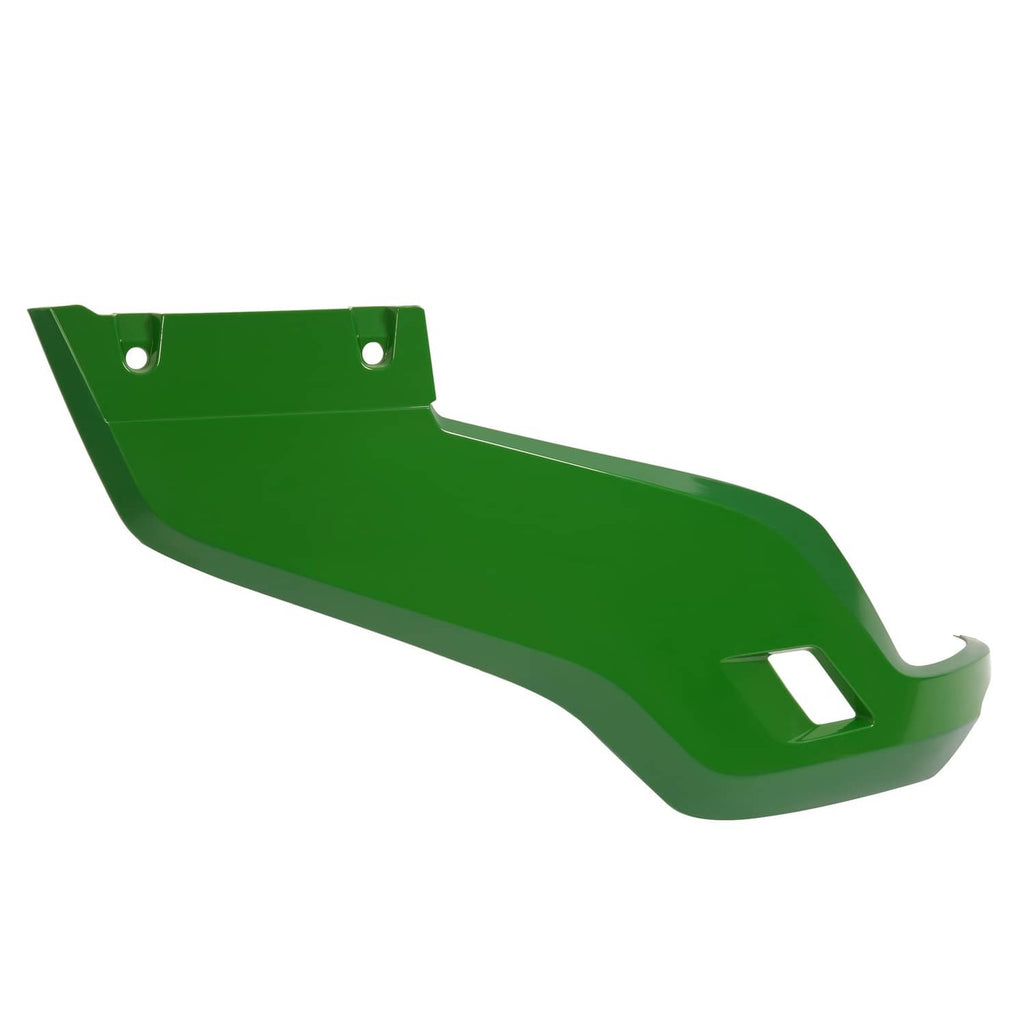 Green mower deck side panel with two mounting holes and a rectangular notch