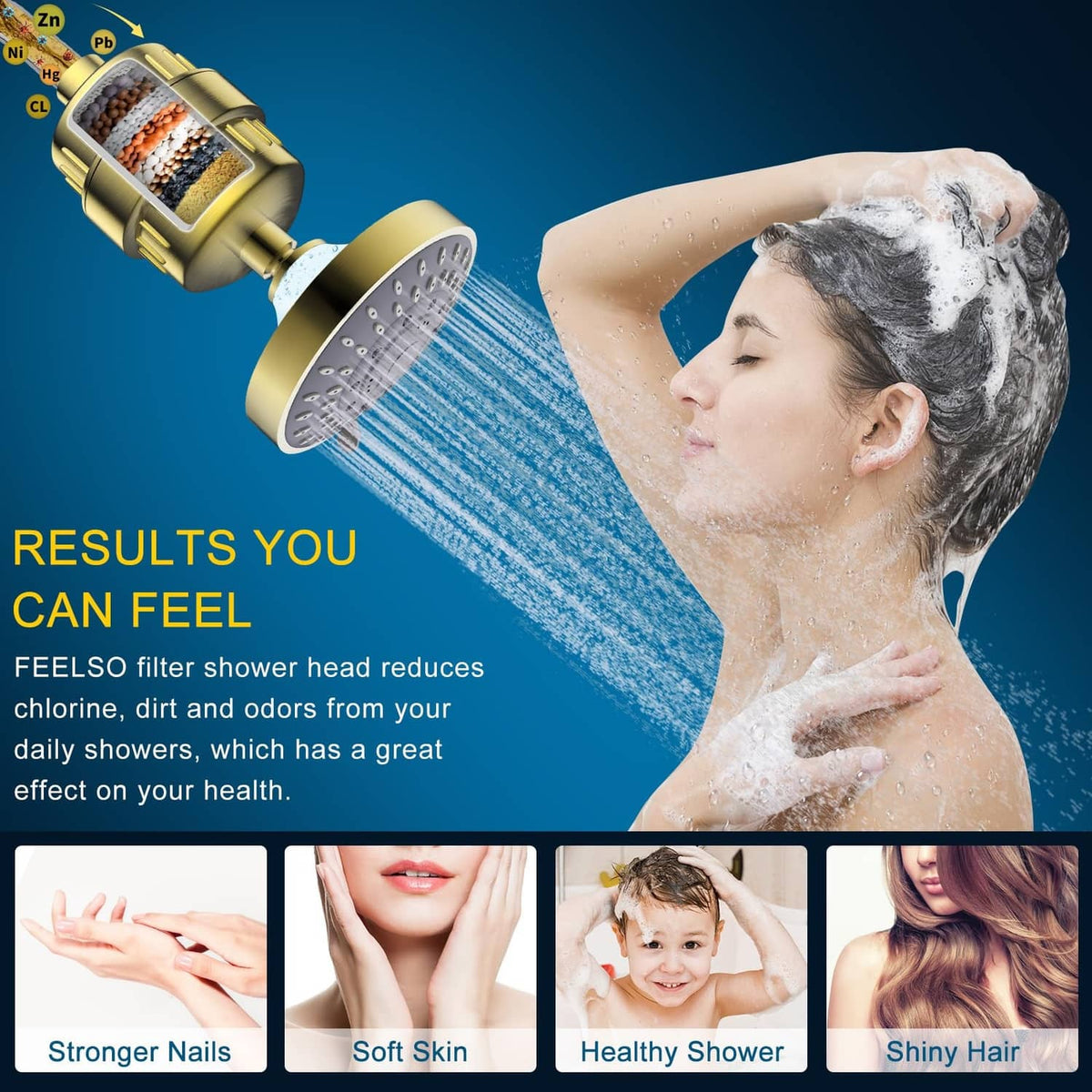 Golden filtered shower head spraying a steady water stream