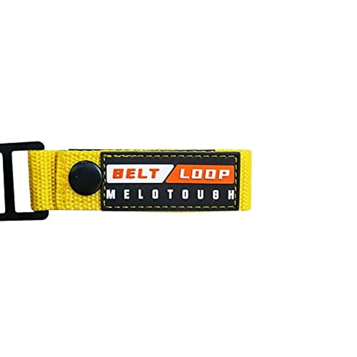 Close-up of yellow webbing belt loop logo patch with black round rivet