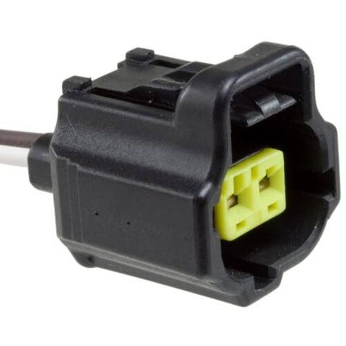 Black connector housing with yellow 2-pin inner socket and side mounting tabs