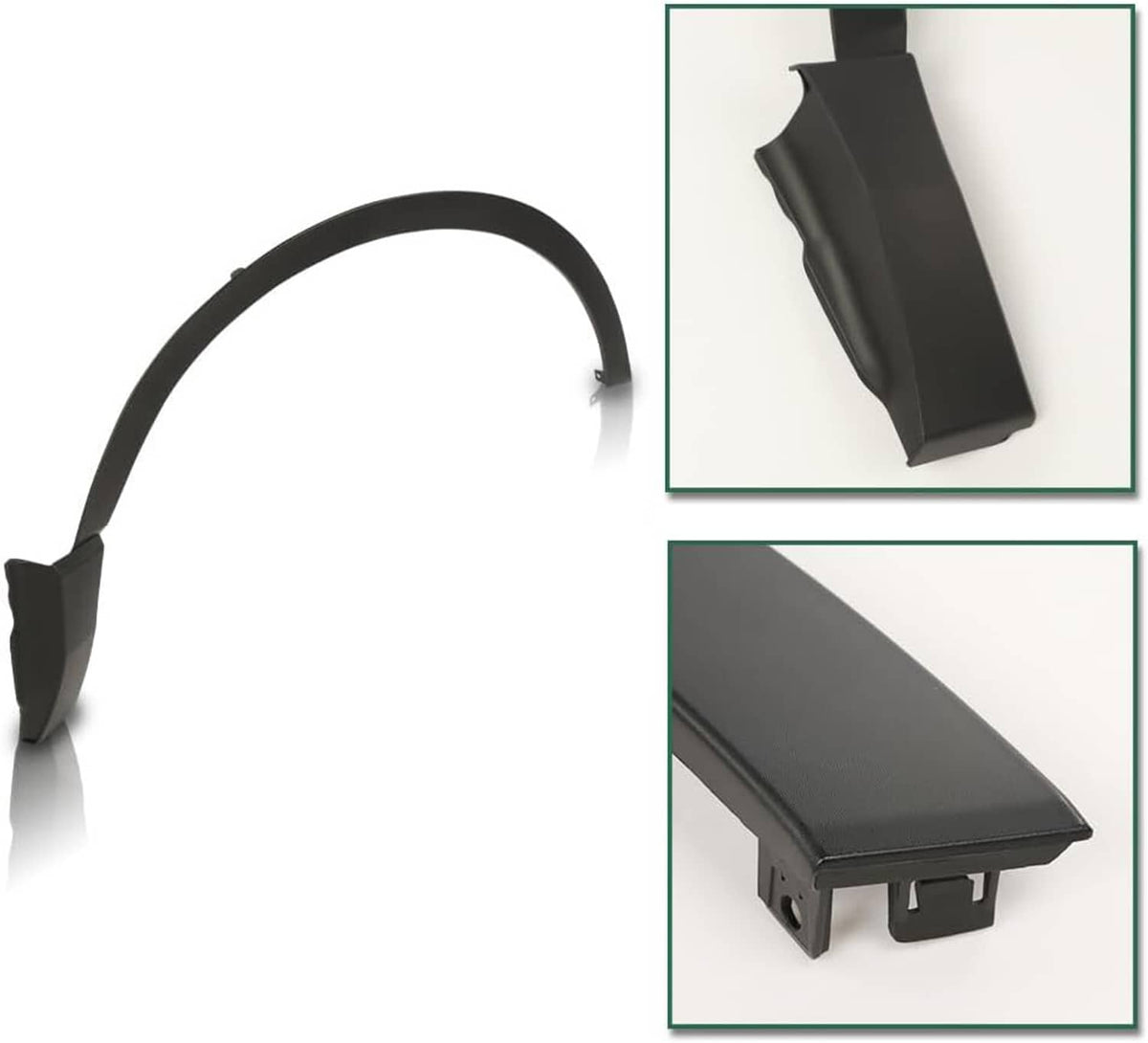 Black fender trim piece, close-up views of end clips and snap-tab sections