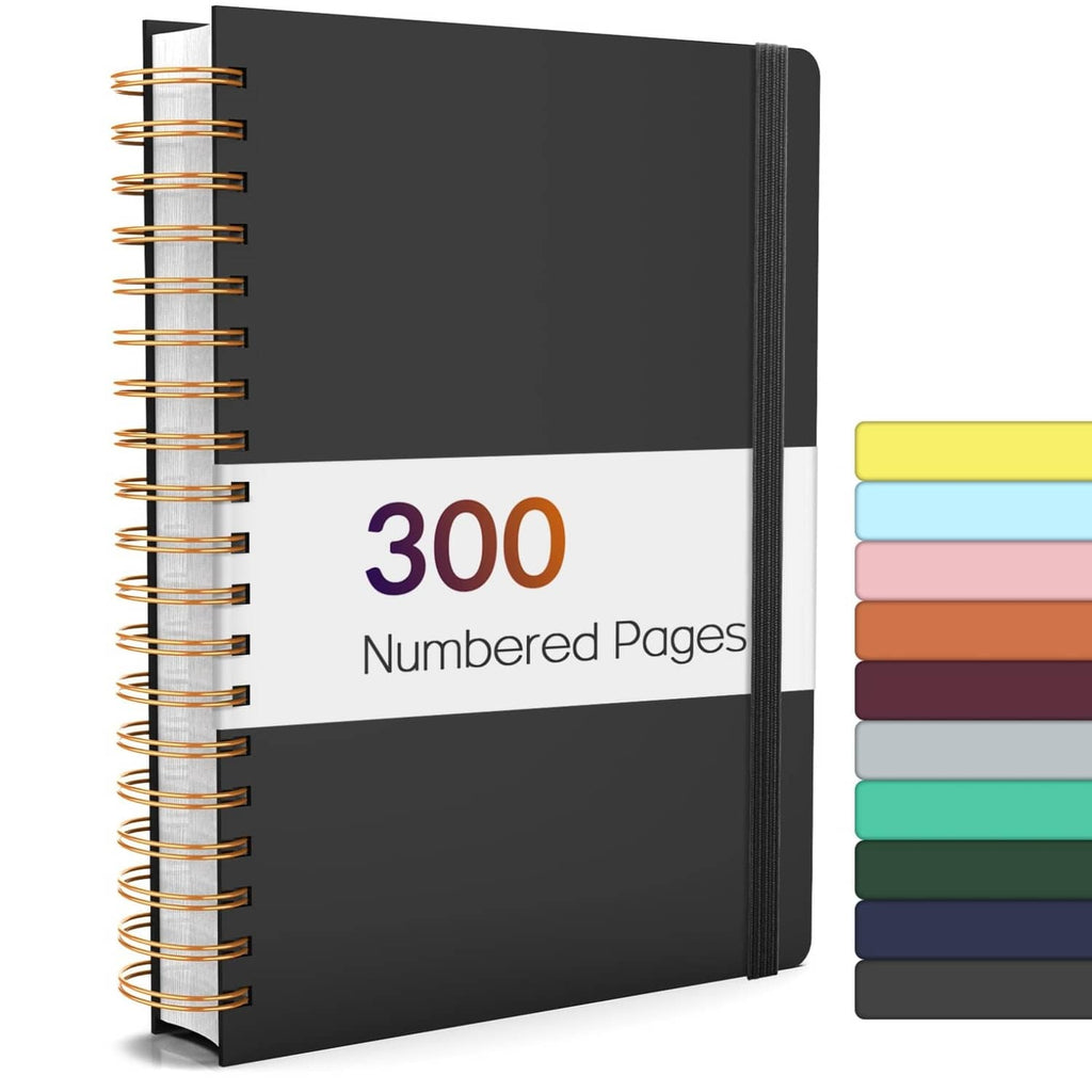 Black hardcover spiral journal notebook with lined, 300 numbered pages