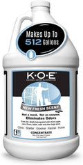 K.O.E odor eliminator concentrate bottle, large white jug with blue label and cap
