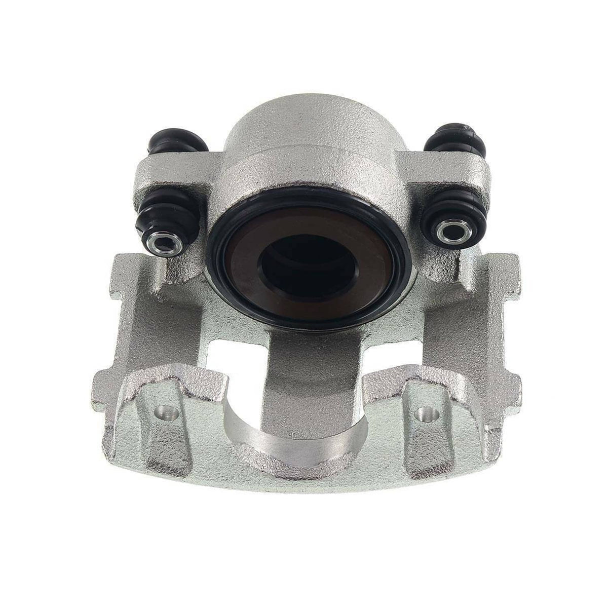 Front brake caliper with circular piston bore and two visible rubber guide boots