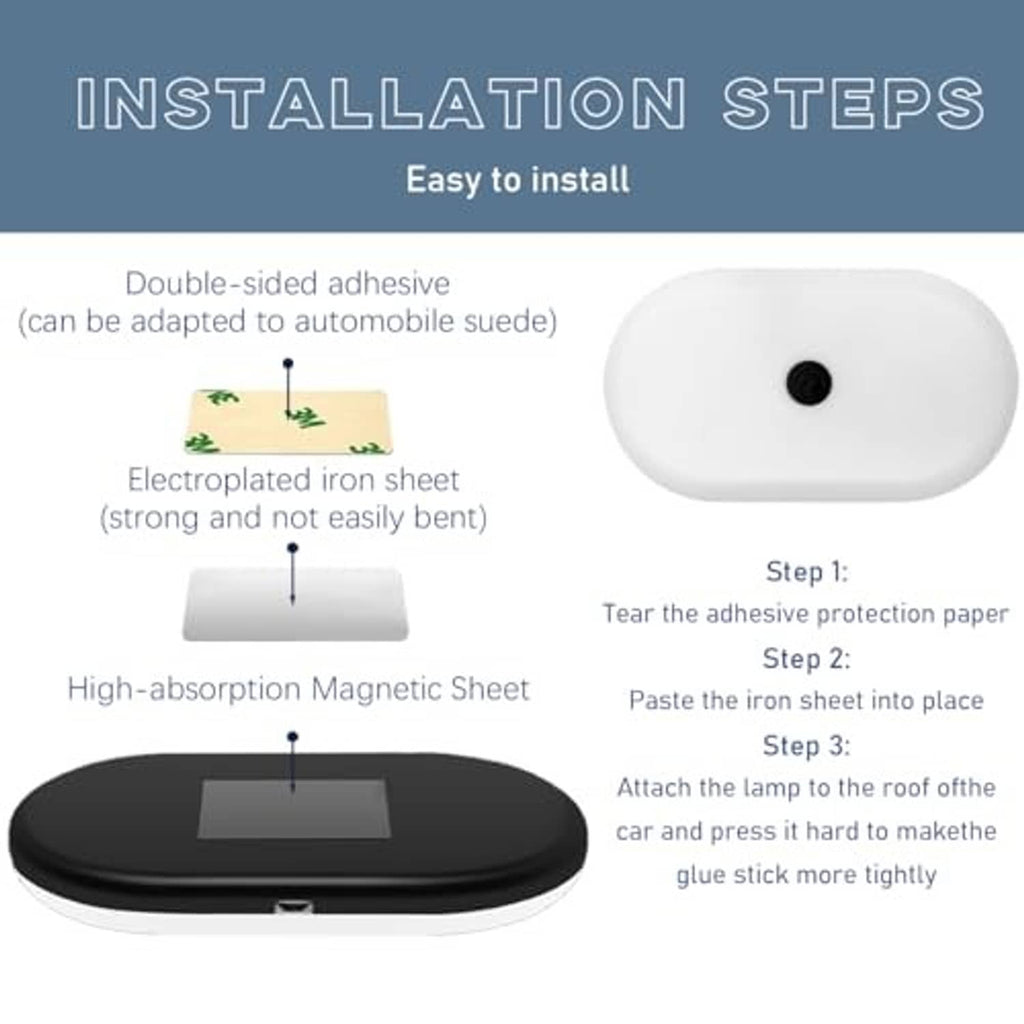 White car ceiling light dome with small black sensor button, installation diagram.