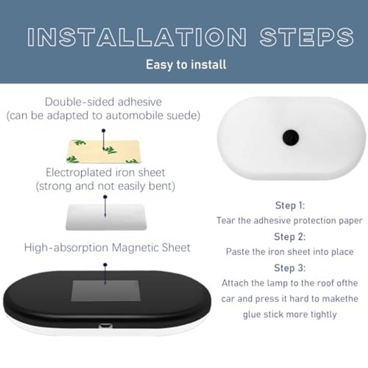 White car ceiling light dome with small black sensor button, installation diagram.