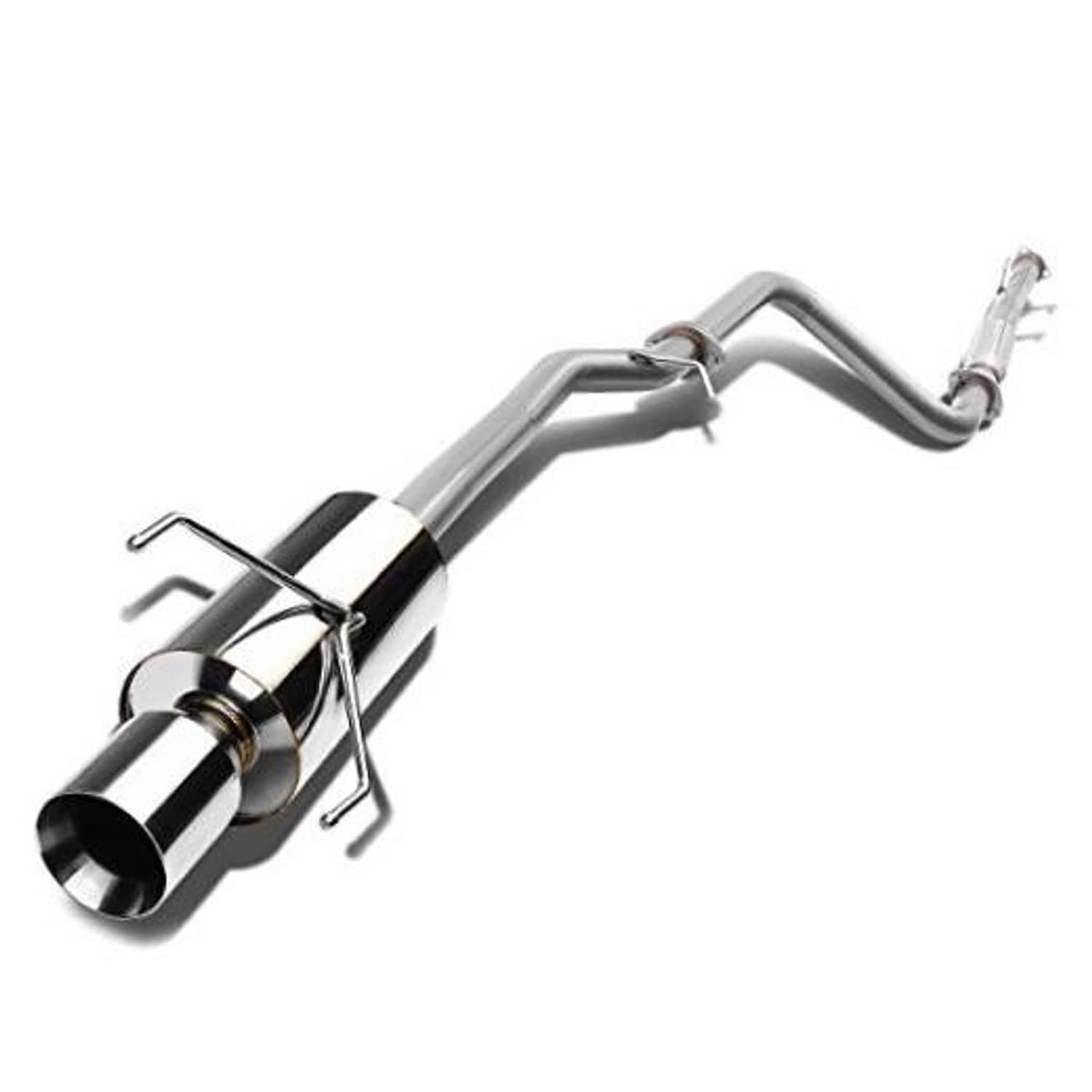 Stainless muffler with black double-walled exhaust tip and curved cat-back pipes
