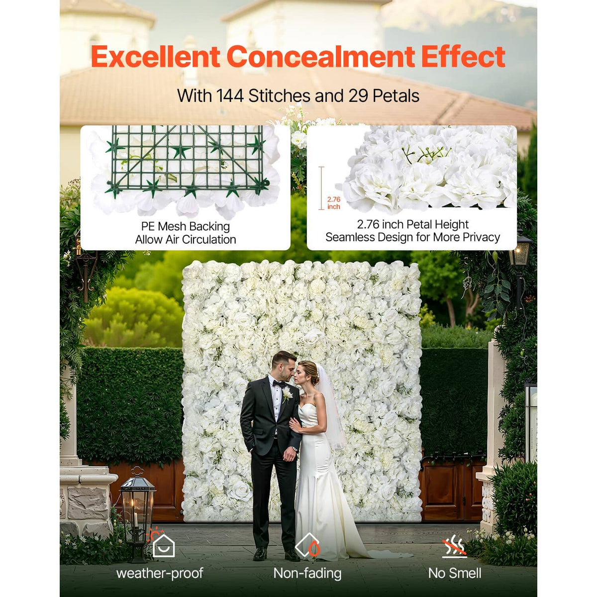 White artificial flower wall panel with 3D blossoms on mesh backing