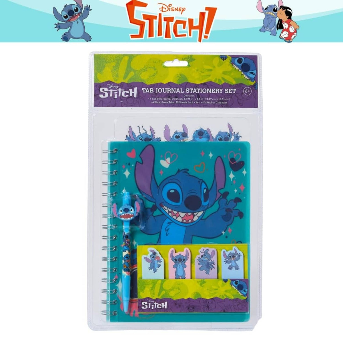 Blister pack stationery set with Stitch spiral tab journal, sticky note tabs, and pen.