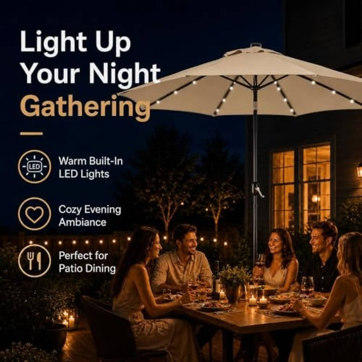 Tan patio umbrella with built-in LED lights under canopy on center pole