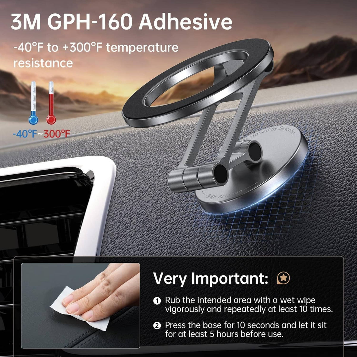 Magnetic car phone mount with adhesive base and foldable silver metal clamp arm