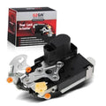 Front door lock actuator assembly with black plastic housing and metal latch mechanism