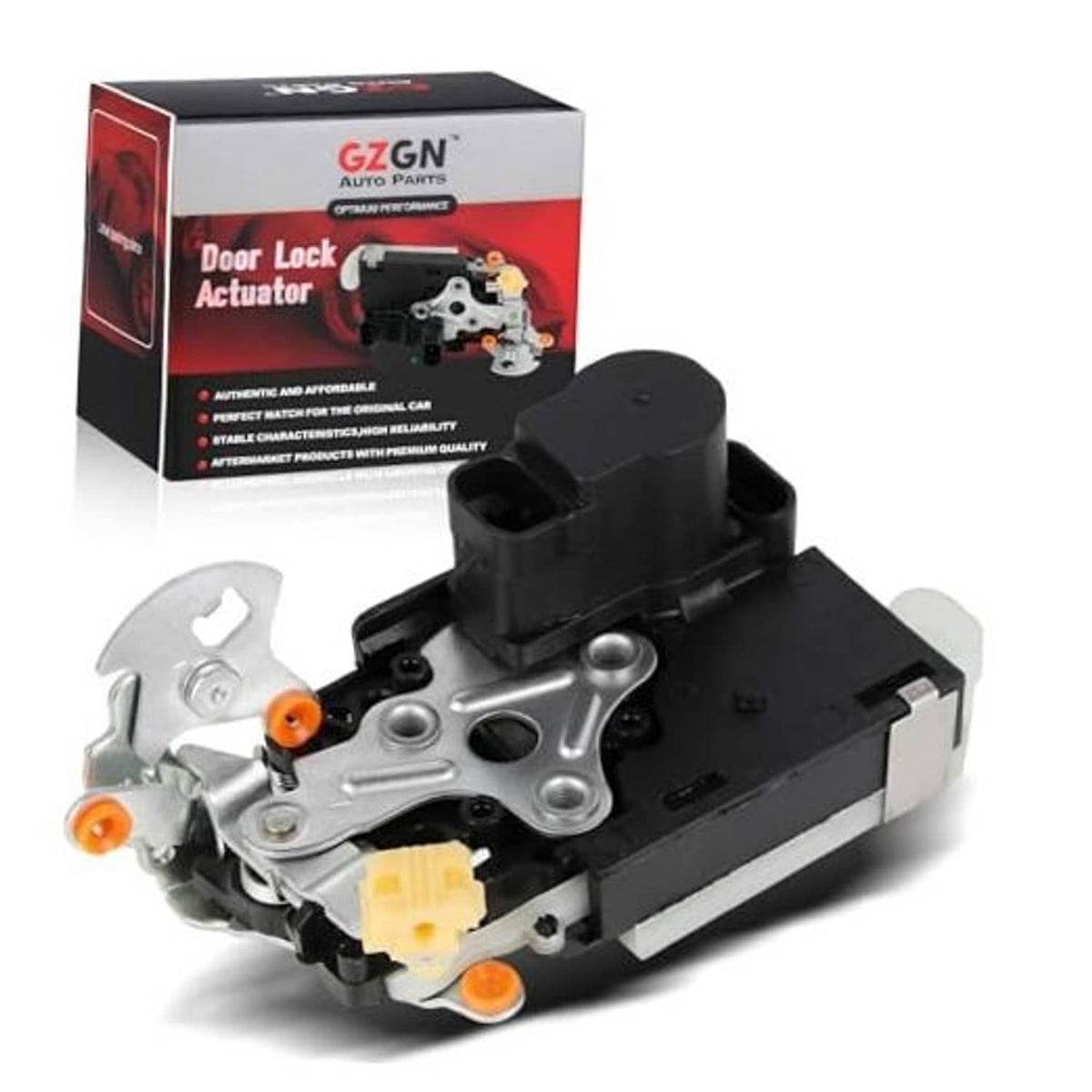 Front door lock actuator assembly with black plastic housing and metal latch mechanism