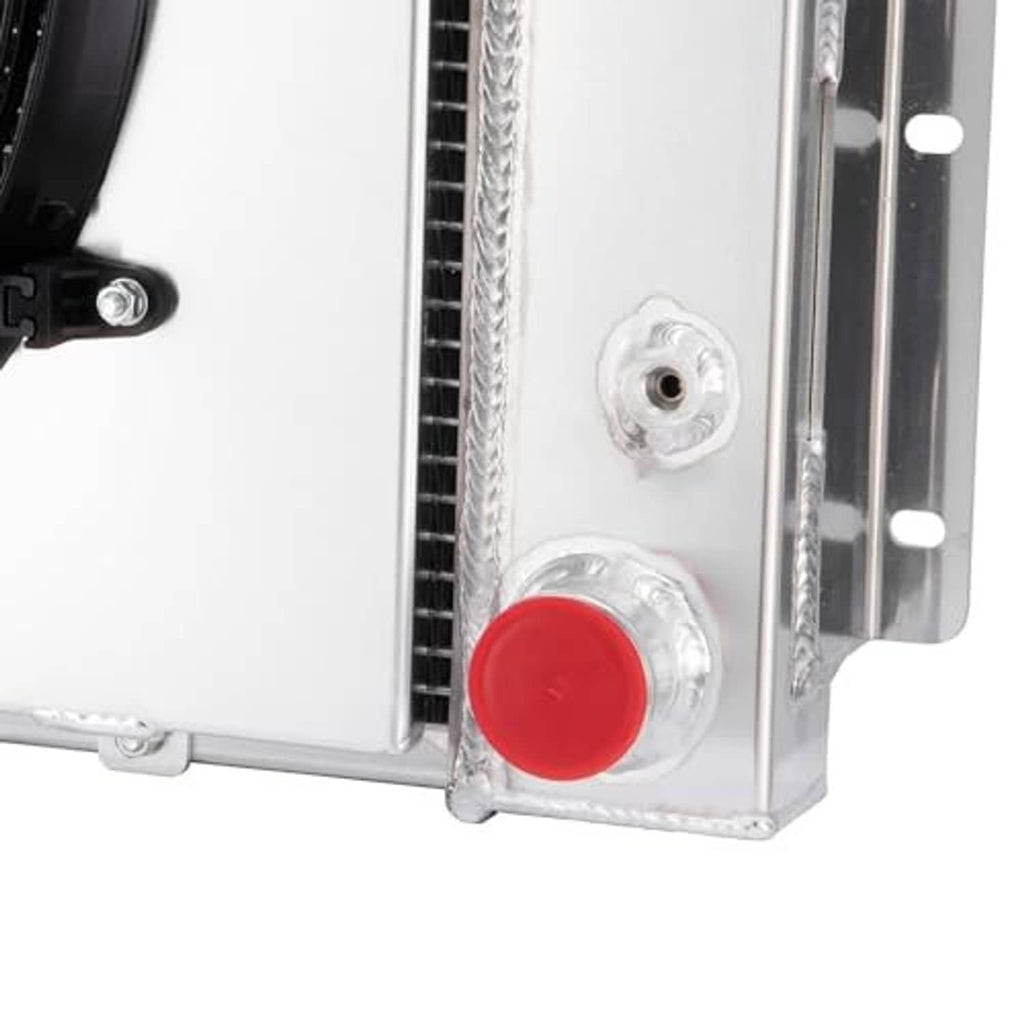 3-row radiator fan shroud with red mounting cap and silver hardware details