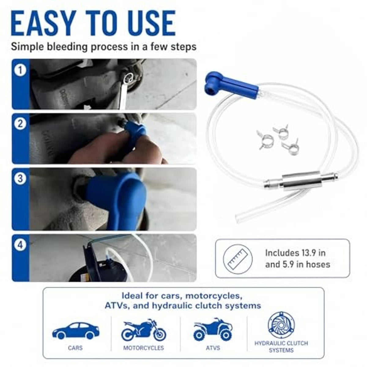 Brake bleeder kit with blue connector, clear hoses, metal check valve, and spare clamps