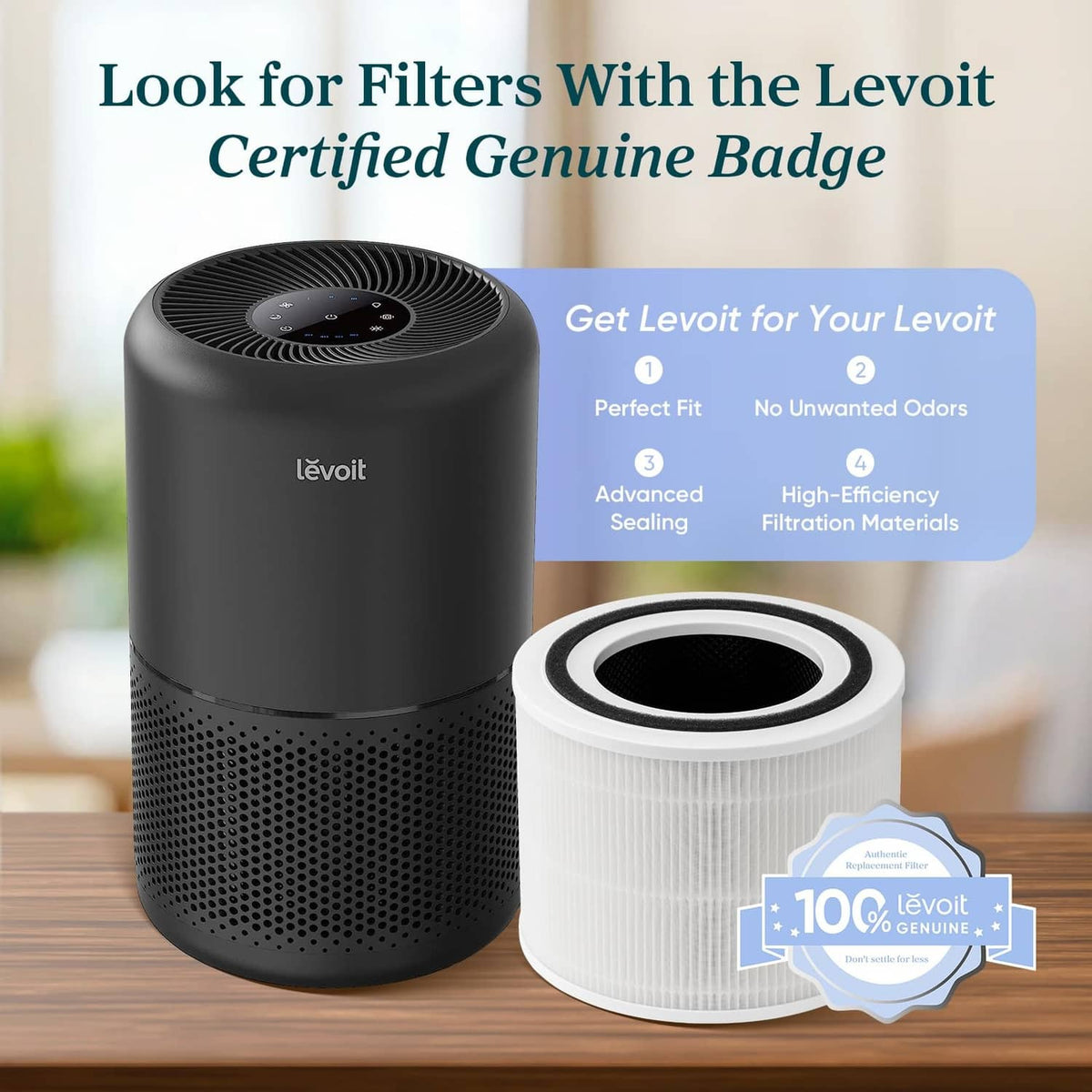 Black air purifier with top fan grille and white replacement filter cartridge