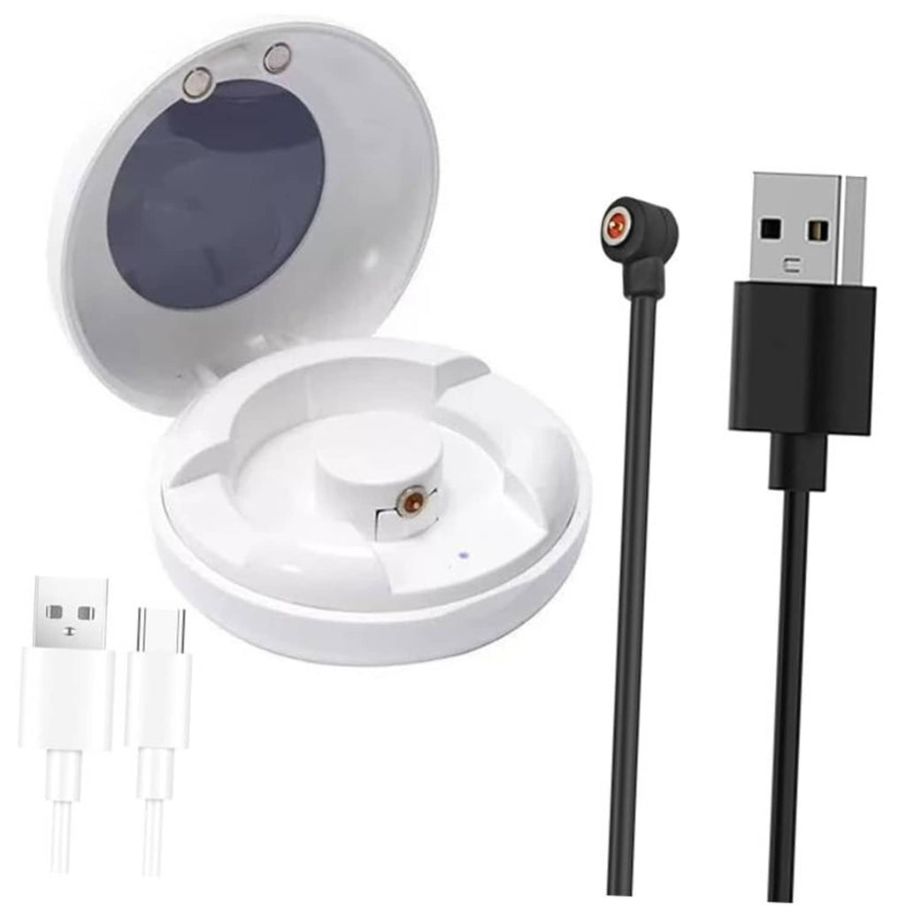 White magnetic smart ring charging case with open lid and included charging cable set