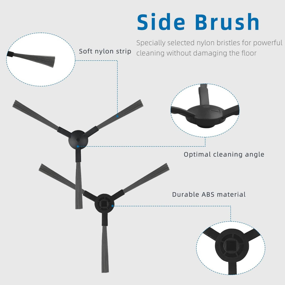 Robot side brush assembly with 3 flexible nylon bristles, black plastic hub