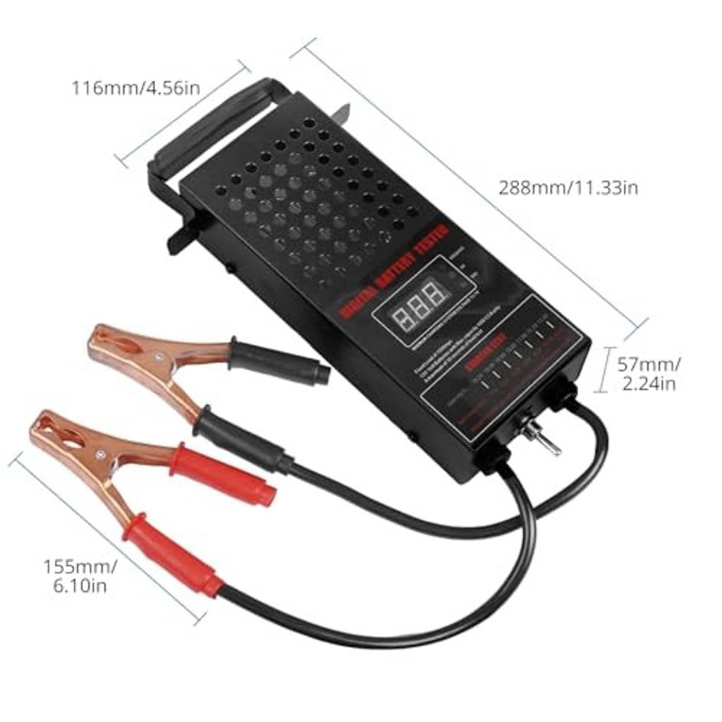 Compact 6–24V battery load tester with LCD screen and charging cable length
