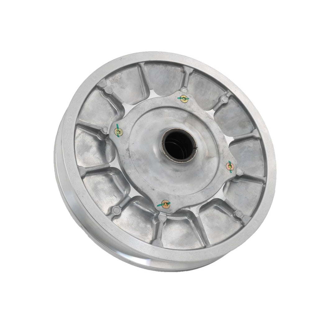 Secondary driven clutch sheave, silver metal wheel with center bore and radial ribs