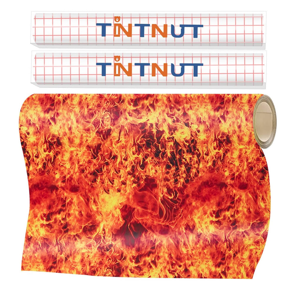 Flame-print permanent vinyl roll, orange and red fiery pattern with beige backing