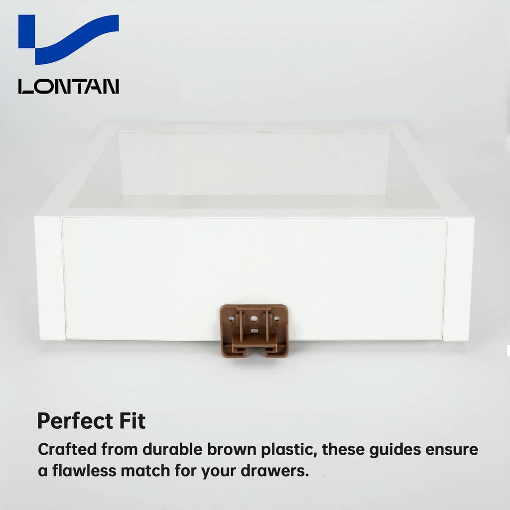 Brown plastic drawer slide guide, aligned center-mounted replacement component