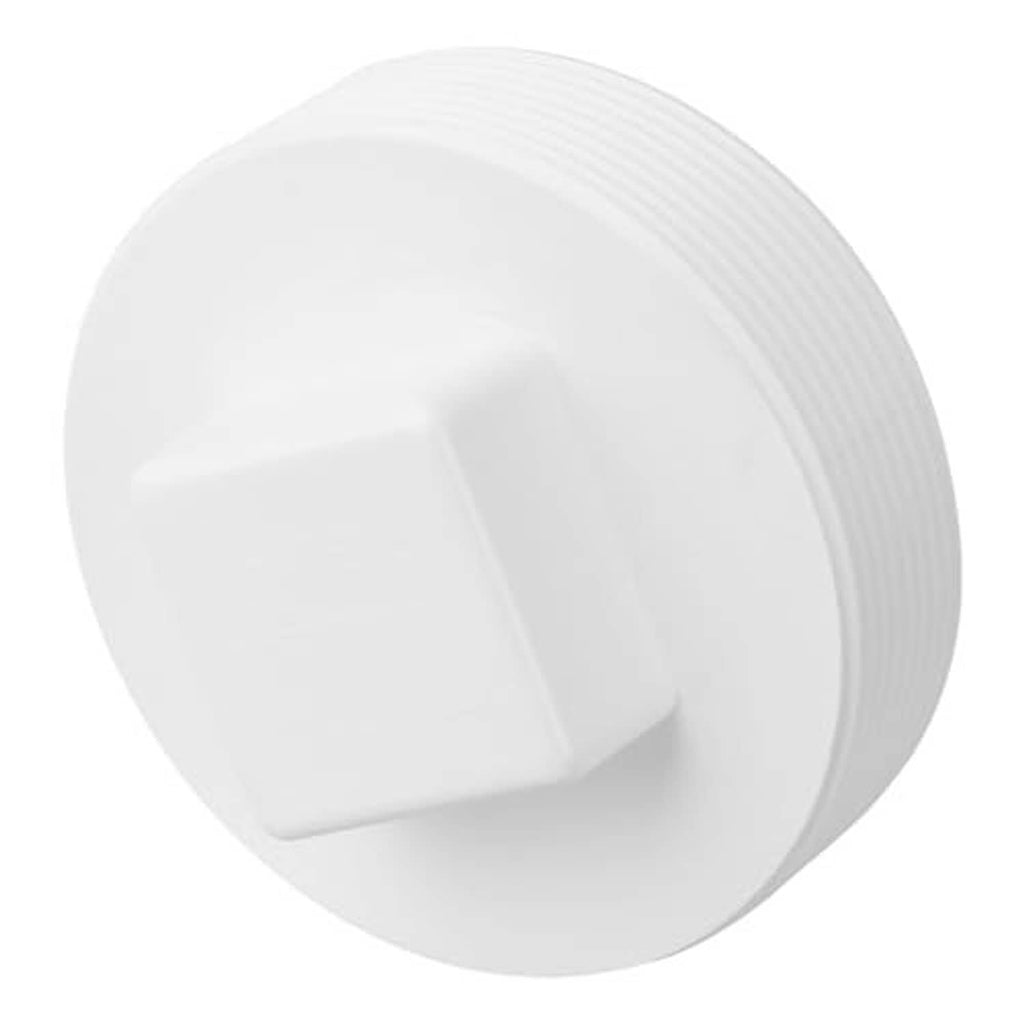 White PVC threaded cleanout plug cap with ridged outer rim and side profile