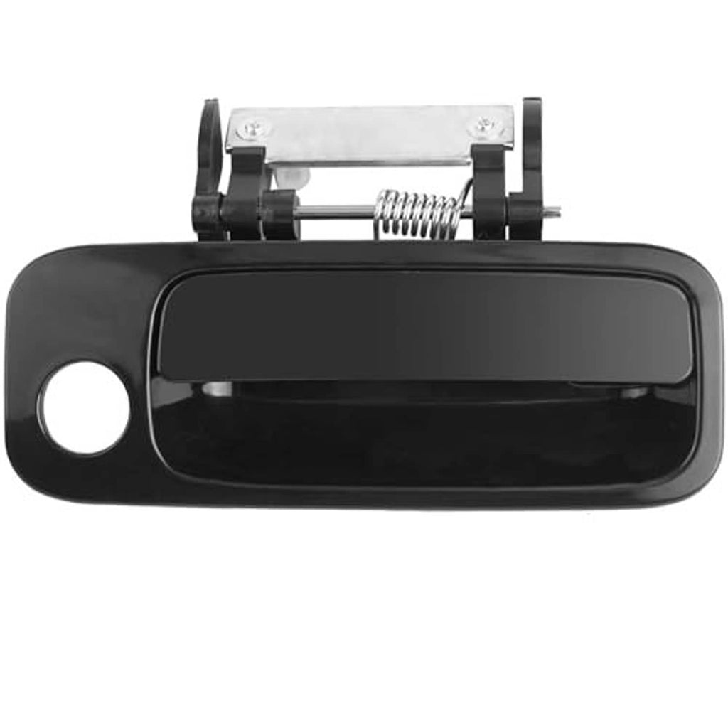 Black exterior door handle with glossy insert and spring latch mechanism, front right