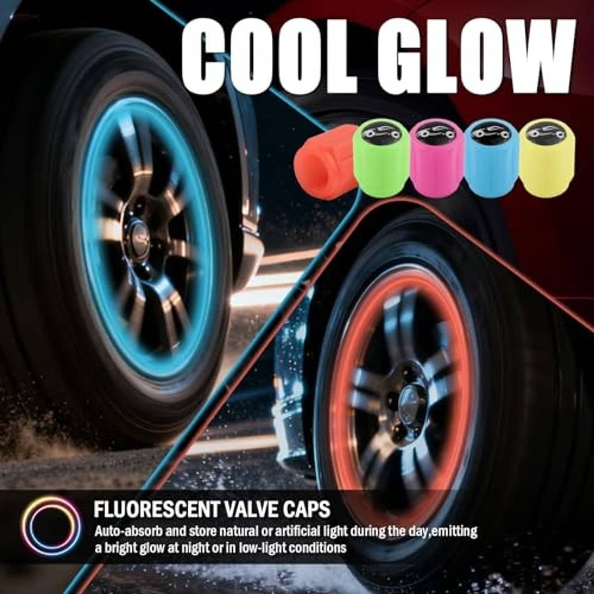 Fluorescent tire valve caps in red, green, pink, blue, and yellow arranged near glowing wheels