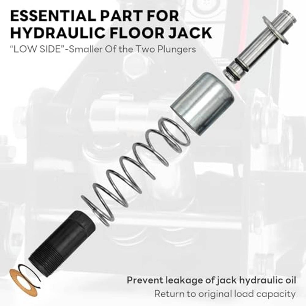 Hydraulic floor jack pump plunger kit with spring and plunger rod, plus rubber seal